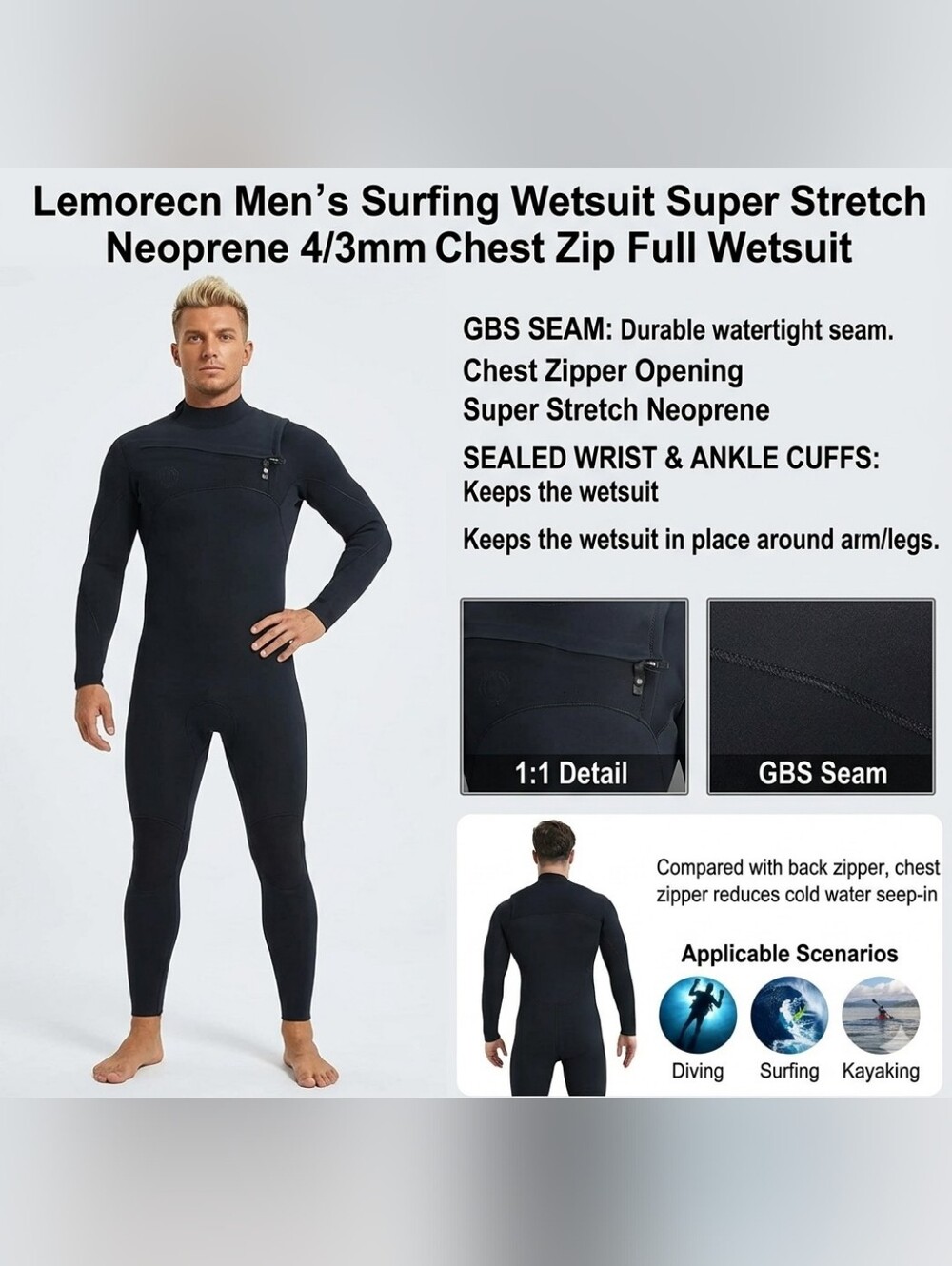 NEW Lemorecn Men’s Surfing Wetsuit 4/3mm Super Stretch Neoprene Chest Zip Full